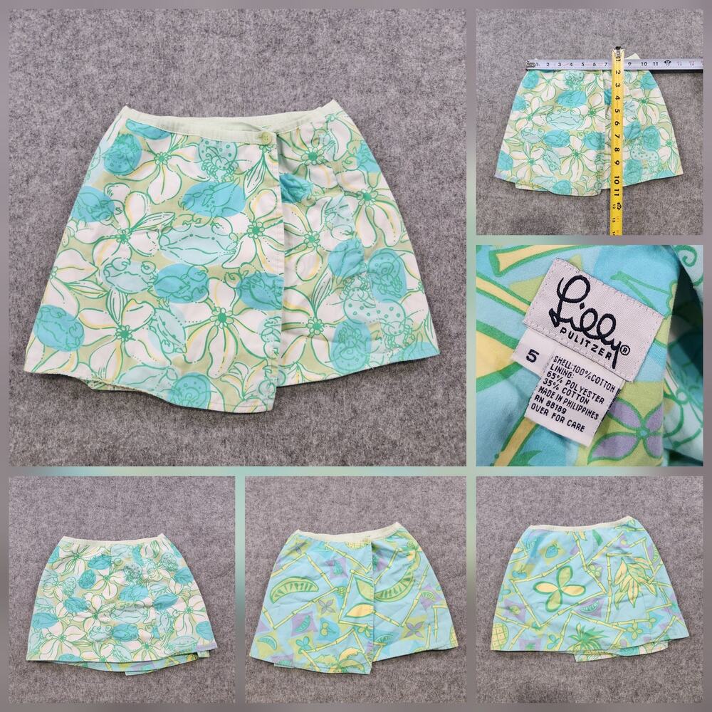 VTG Lilly Pulitzer Skirt Girls 5 Reversible Floral Tropical Wrap Green Blue Aqua